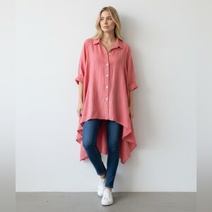 West Love Los Angeles 100% Linen One Size Dark Pink/Peach Oversize Button Shirt
